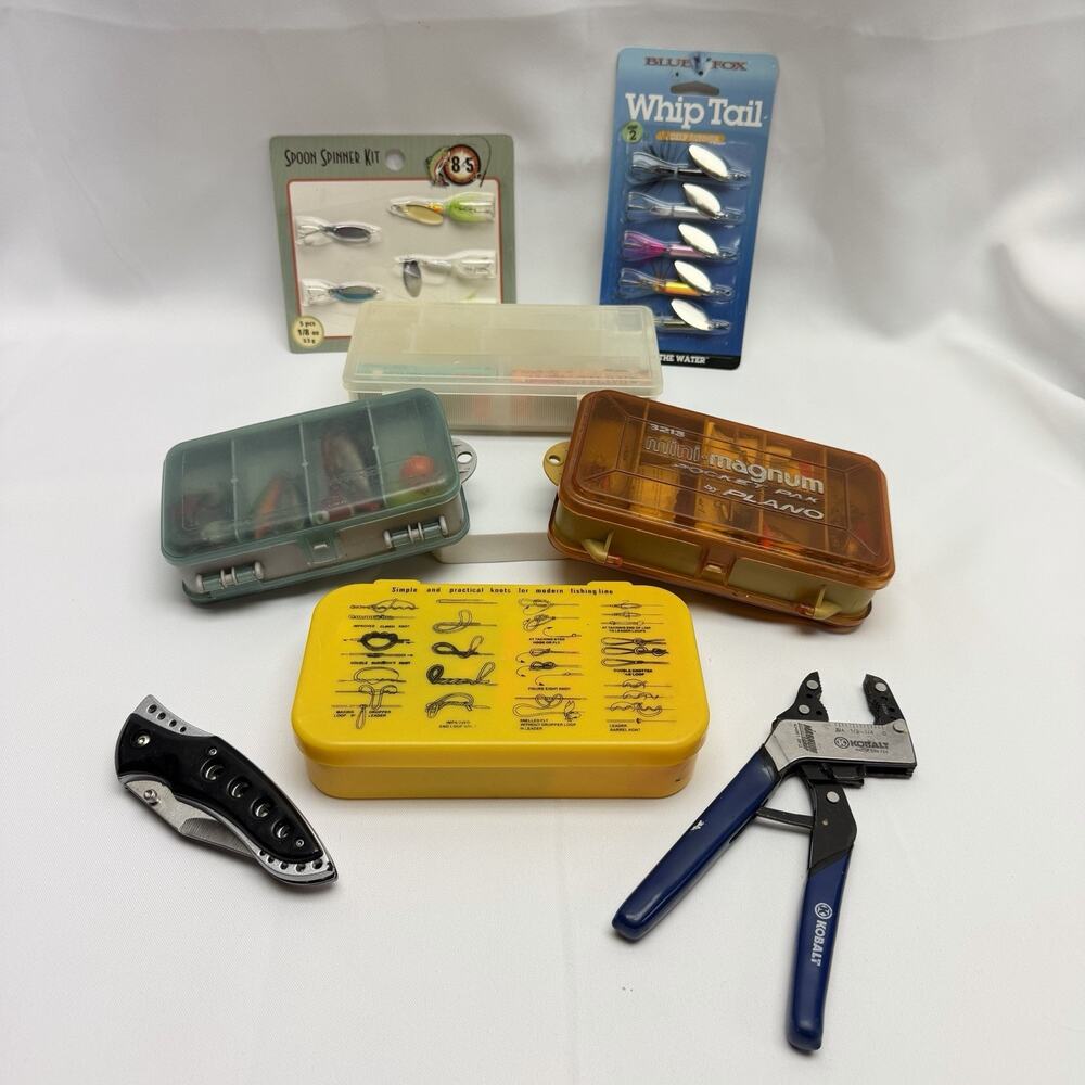 Fishing Tackle Lot Plano Mini Magnum Boxes Lures Spinners Knife Kobalt Tool